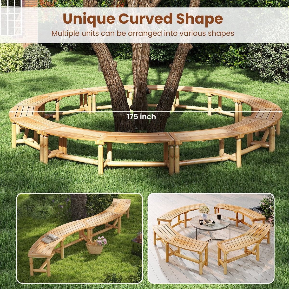 Patio Curved Bench Solid Wood Fire Pit Bench Outdoor Backless Loveseat-Natural