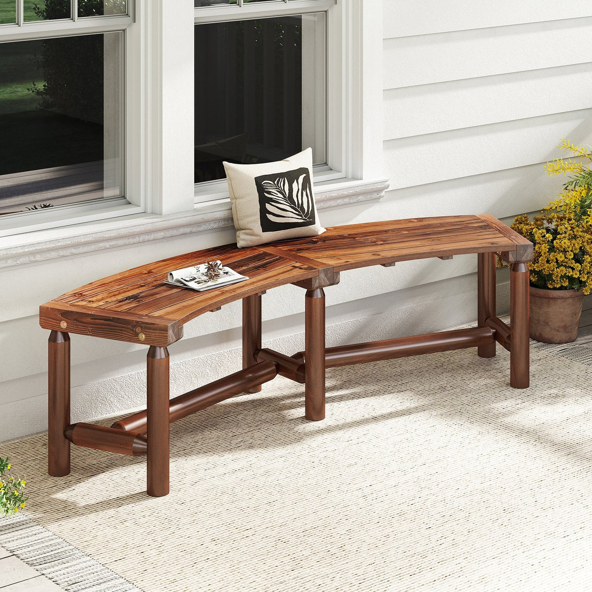 Patio Curved Bench Solid Wood Fire Pit Bench Outdoor Backless Loveseat-Rustic Brown