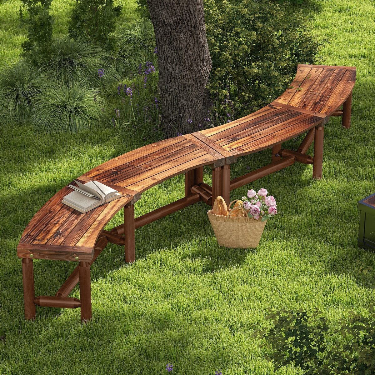 Patio Curved Bench Solid Wood Fire Pit Bench Outdoor Backless Loveseat-Rustic Brown