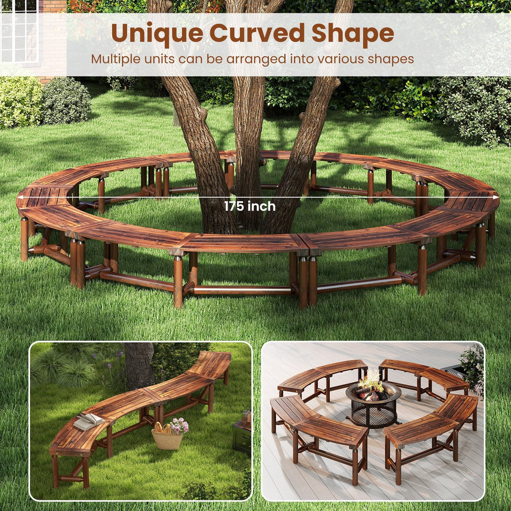 Patio Curved Bench Solid Wood Fire Pit Bench Outdoor Backless Loveseat-Rustic Brown