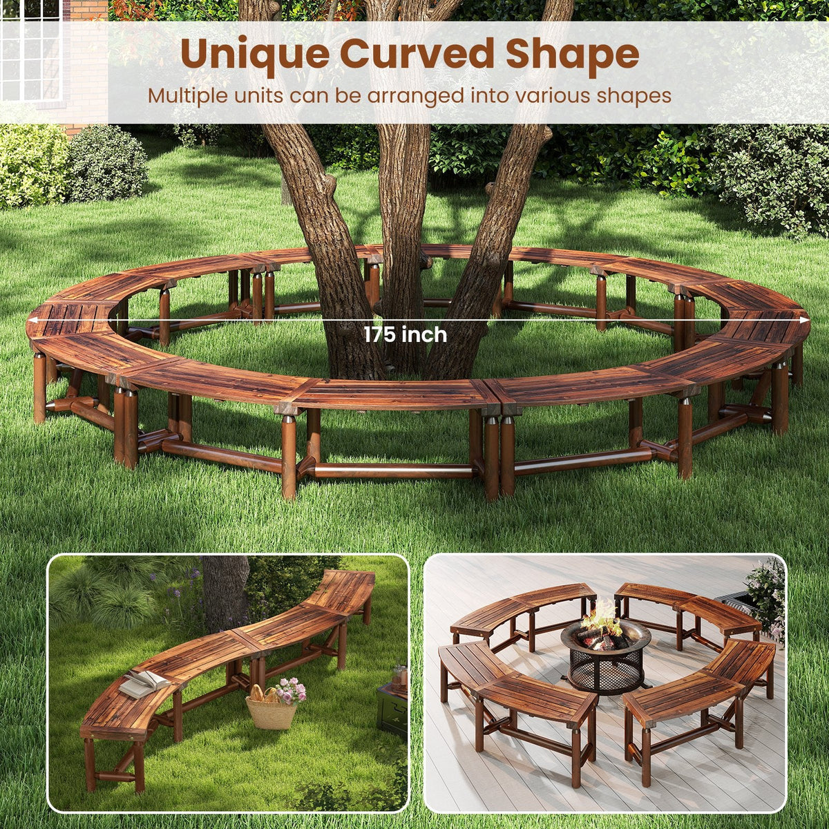 Patio Curved Bench Solid Wood Fire Pit Bench Outdoor Backless Loveseat-Rustic Brown