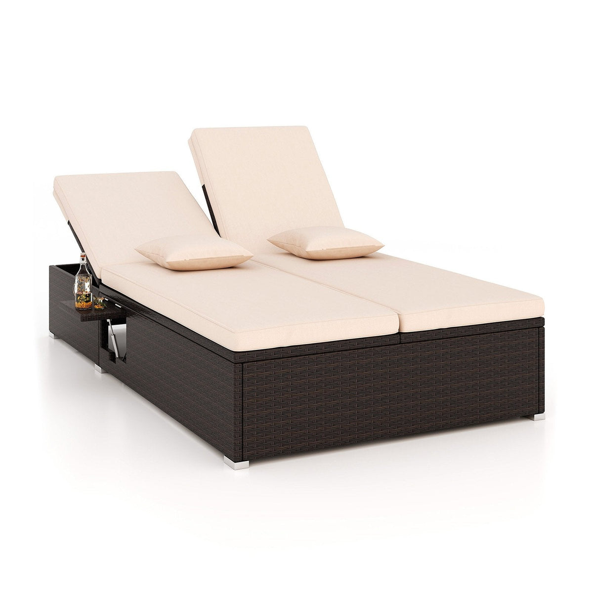 Double Chaise Lounge with Two Backrests and Folding Side Trays, Beige