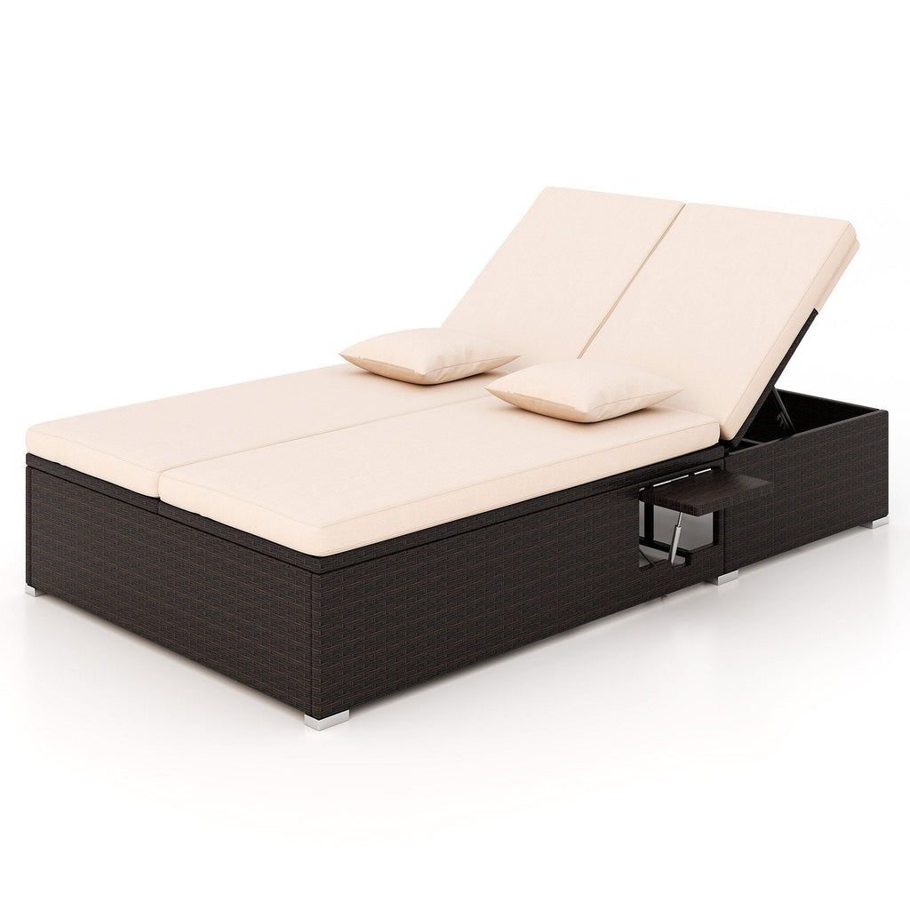 Double Chaise Lounge with Two Backrests and Folding Side Trays, Beige