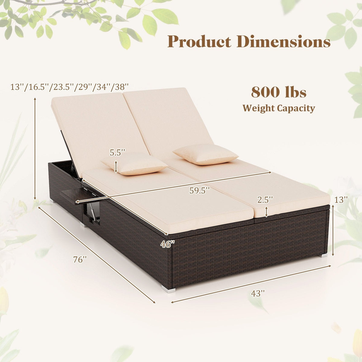 Double Chaise Lounge with Two Backrests and Folding Side Trays, Beige