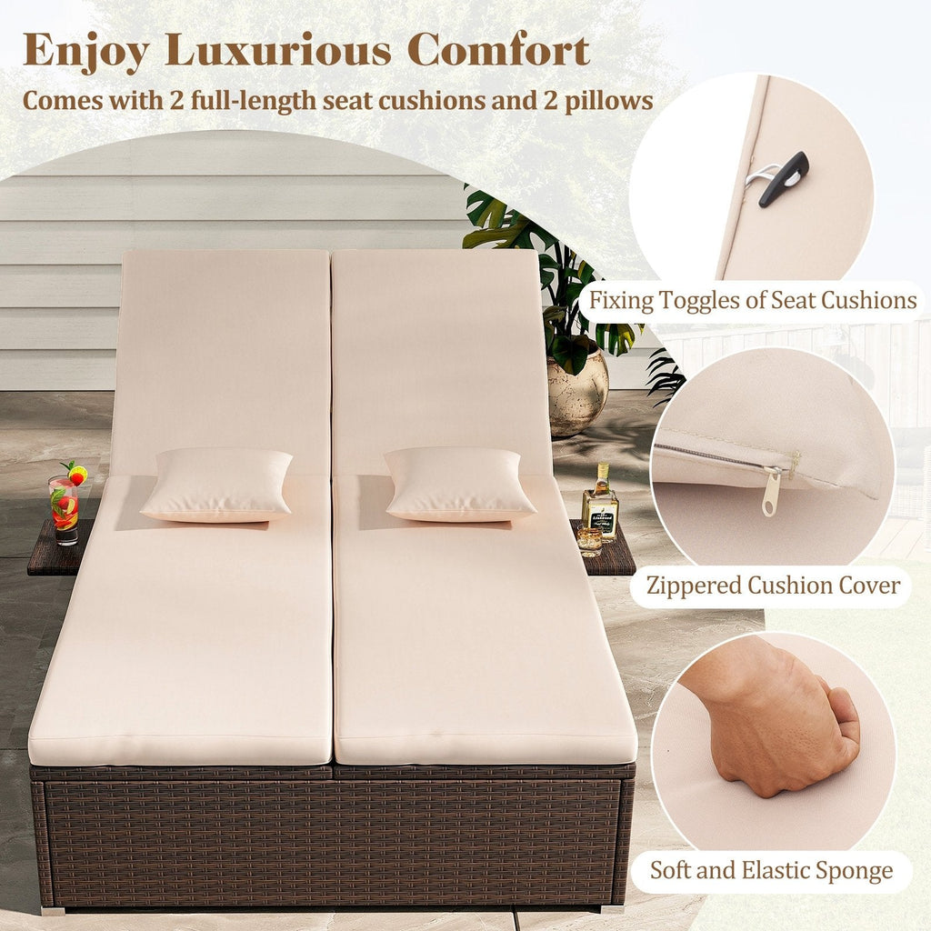 Double Chaise Lounge with Two Backrests and Folding Side Trays, Beige