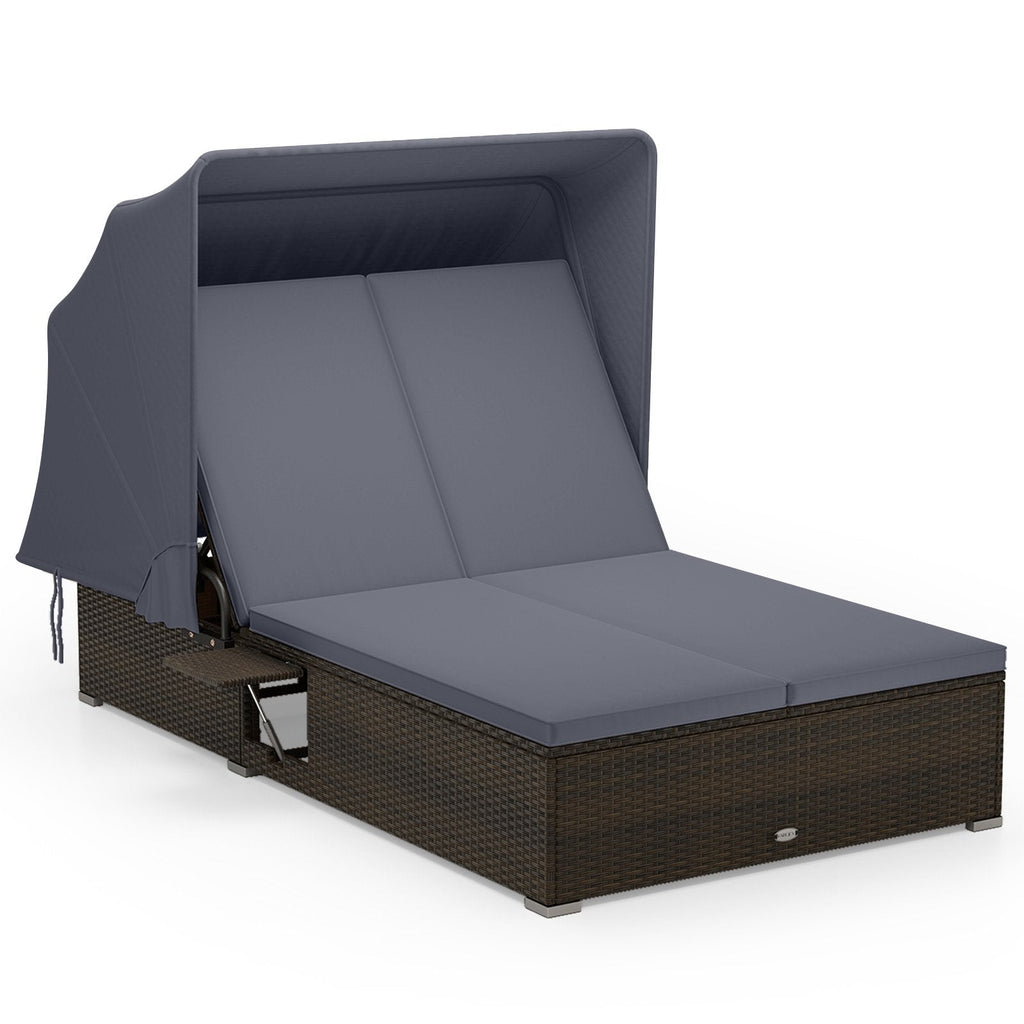 Double Chaise Lounge with Retractable Canopy and Two Backrests, Dark Gray