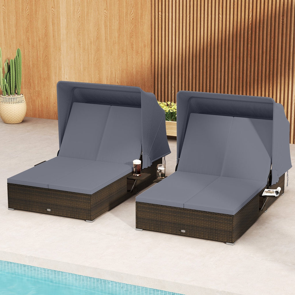 Double Chaise Lounge with Retractable Canopy and Two Backrests, Dark Gray