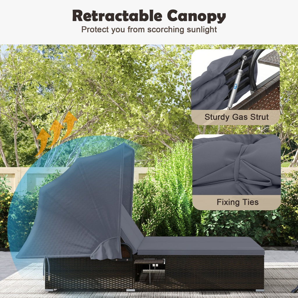 Double Chaise Lounge with Retractable Canopy and Two Backrests, Dark Gray