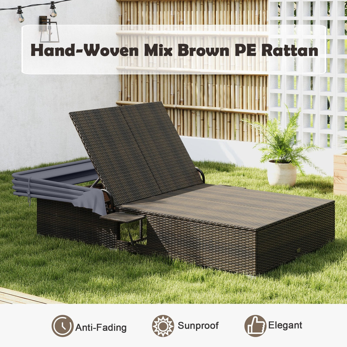 Double Chaise Lounge with Retractable Canopy and Two Backrests, Dark Gray