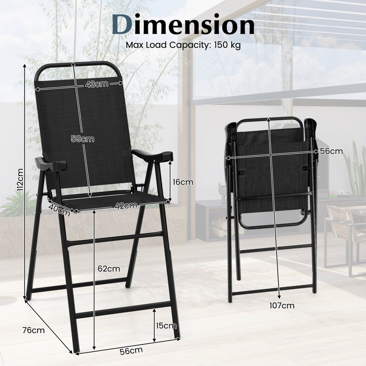Patio Folding Bar Stool Set of 2 with Metal Frame and Footrest-Black