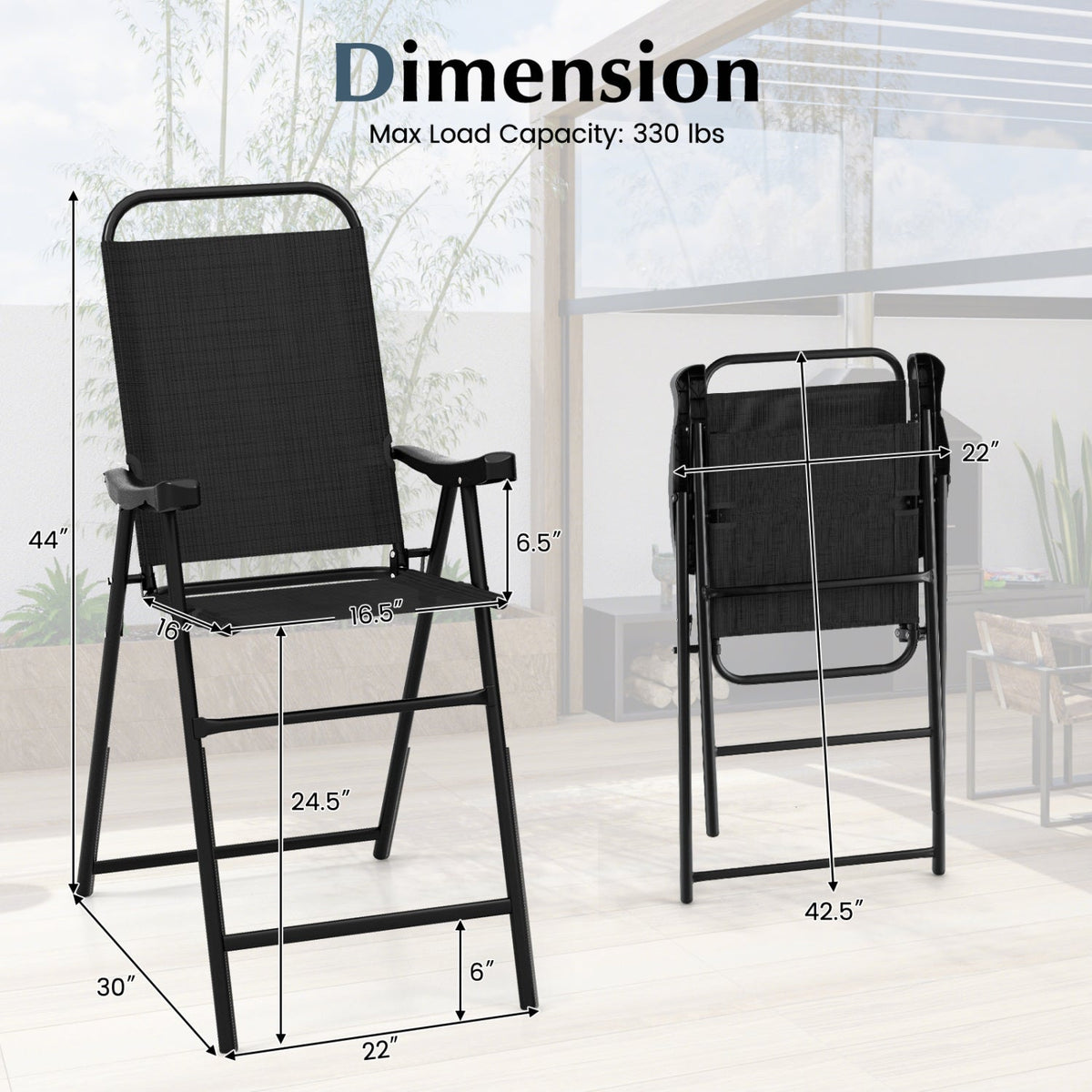 Patio Folding Bar Stool Set of 2 with Metal Frame and Footrest-Black