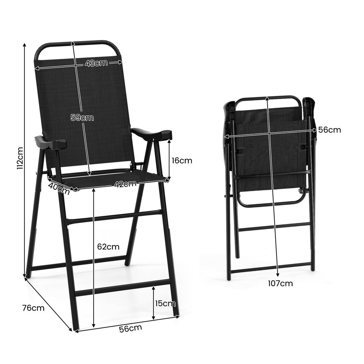 Patio Folding Bar Stool Set of 2 with Metal Frame and Footrest-Black