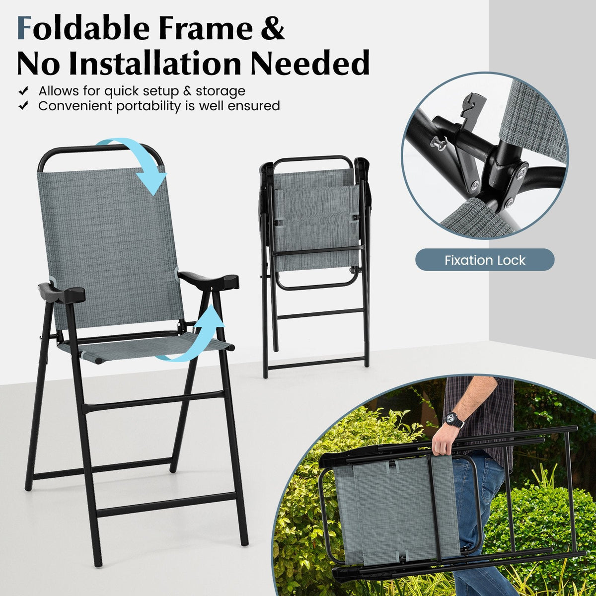 Patio Folding Bar Stool Set of 2 with Metal Frame and Footrest-Blue