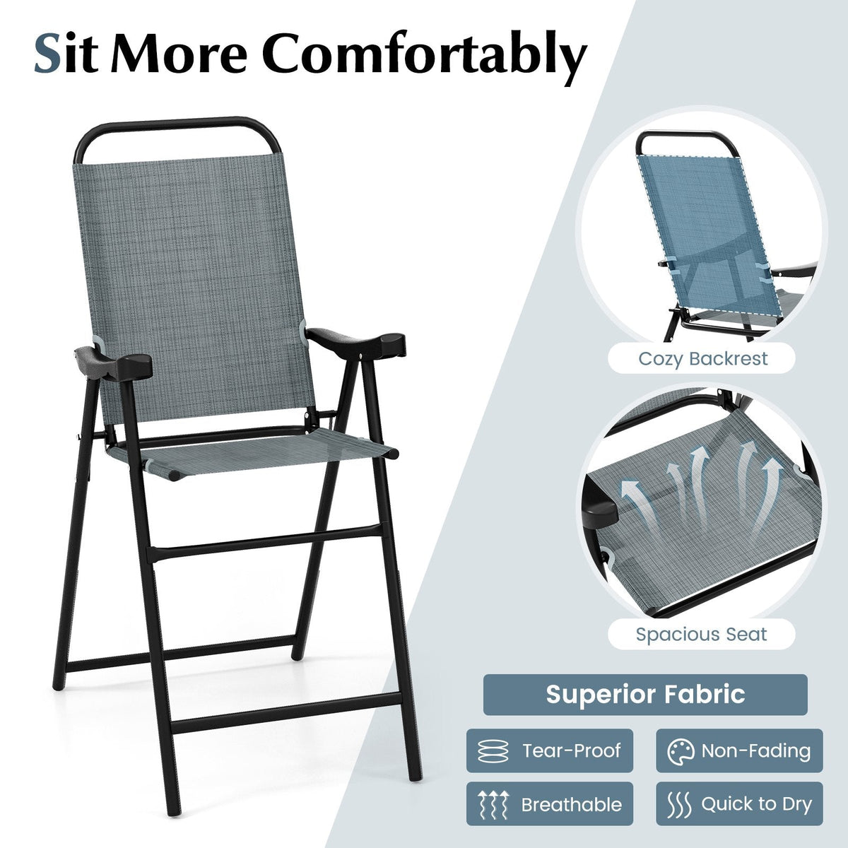Patio Folding Bar Stool Set of 2 with Metal Frame and Footrest-Blue