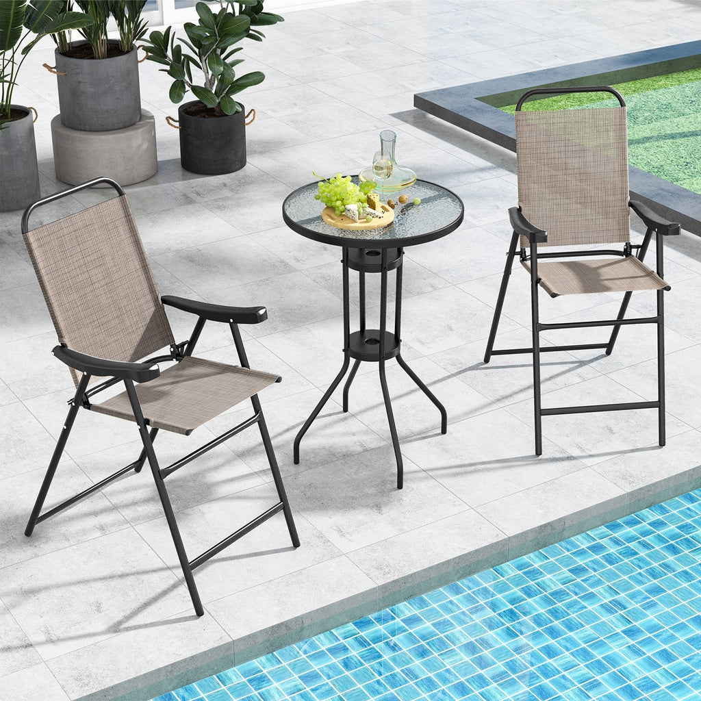 Patio Folding Bar Stool Set of 2 with Metal Frame and Footrest-Coffee