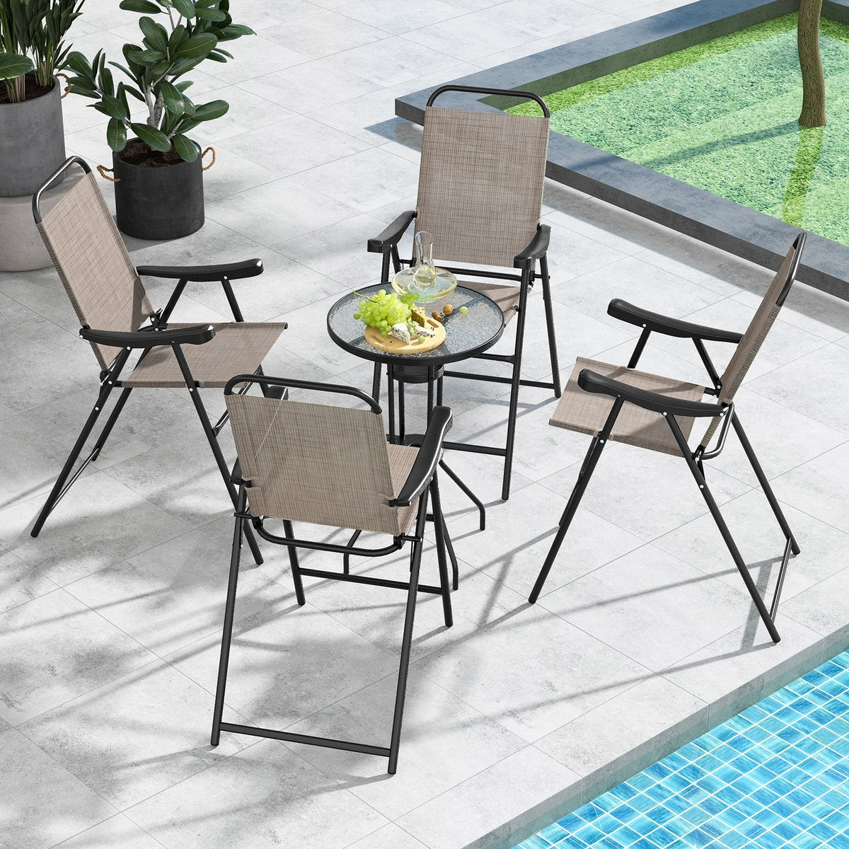 Patio Folding Bar Stool Set of 4 with Metal Frame and Footrest-Coffee