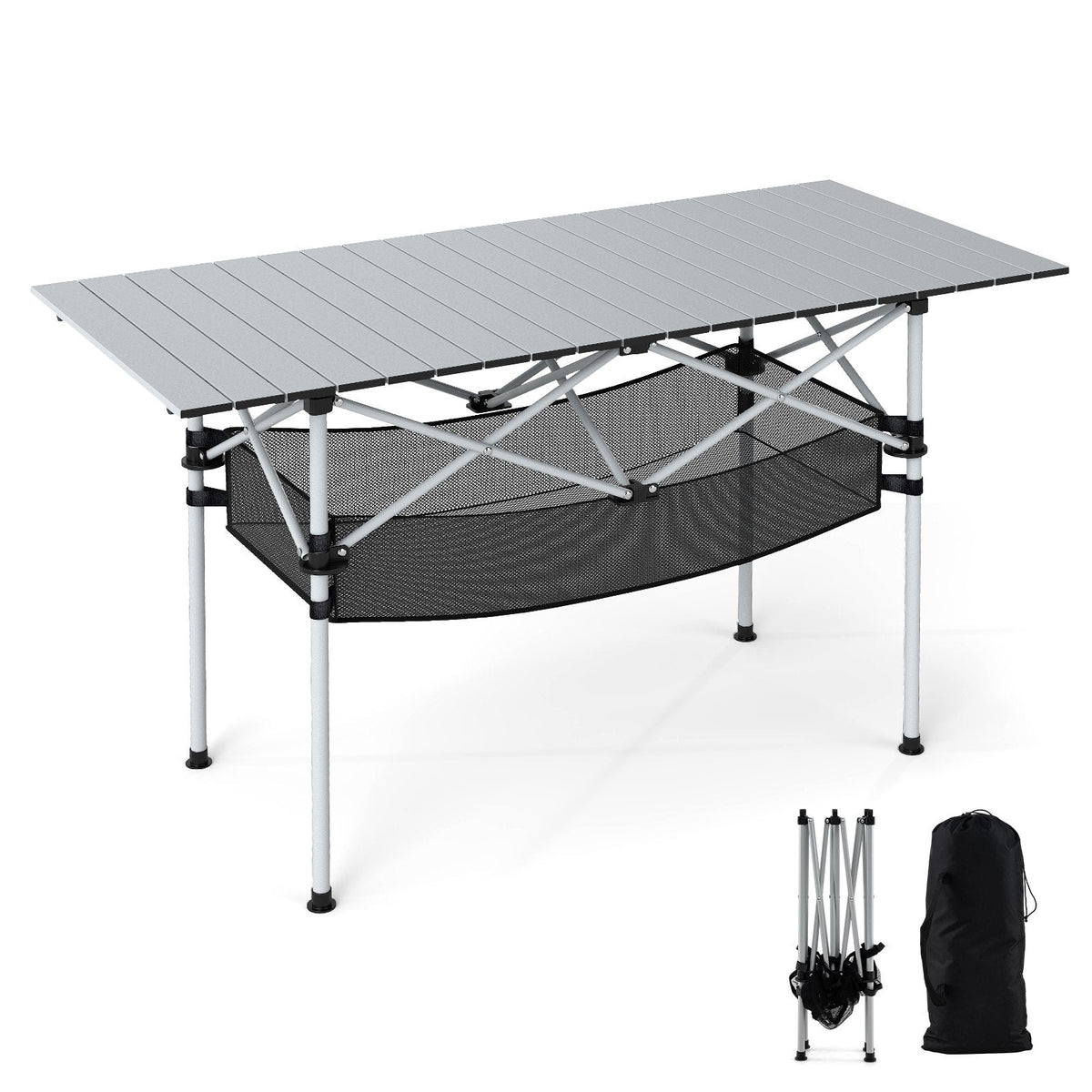 Patio Folding Camping Table with Roll-up Tabletop and Mesh Basket-Silver