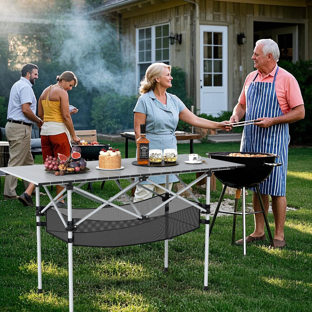 Patio Folding Camping Table with Roll-up Tabletop and Mesh Basket-Silver