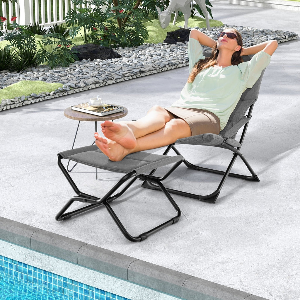 Folding Sling Chair with Ottoman Footrest and Removable Cushion, Gray