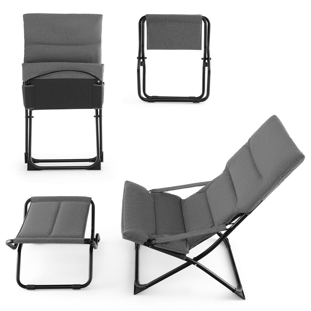 Folding Sling Chair with Ottoman Footrest and Removable Cushion, Gray