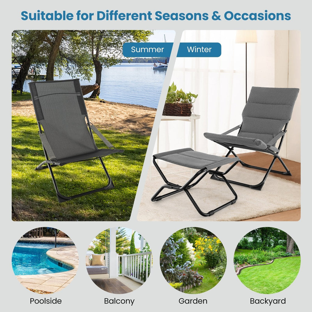 Folding Sling Chair with Ottoman Footrest and Removable Cushion, Gray