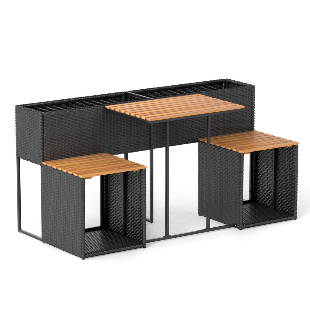 Patio Furniture Set with Raised Garden Bed, Acacia Topped Bar Table and 2 Stools with Built In Storage