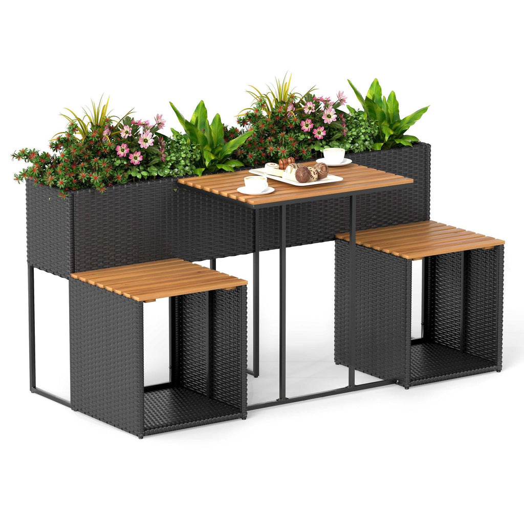 Patio Furniture Set with Raised Garden Bed, Acacia Topped Bar Table and 2 Stools with Built In Storage