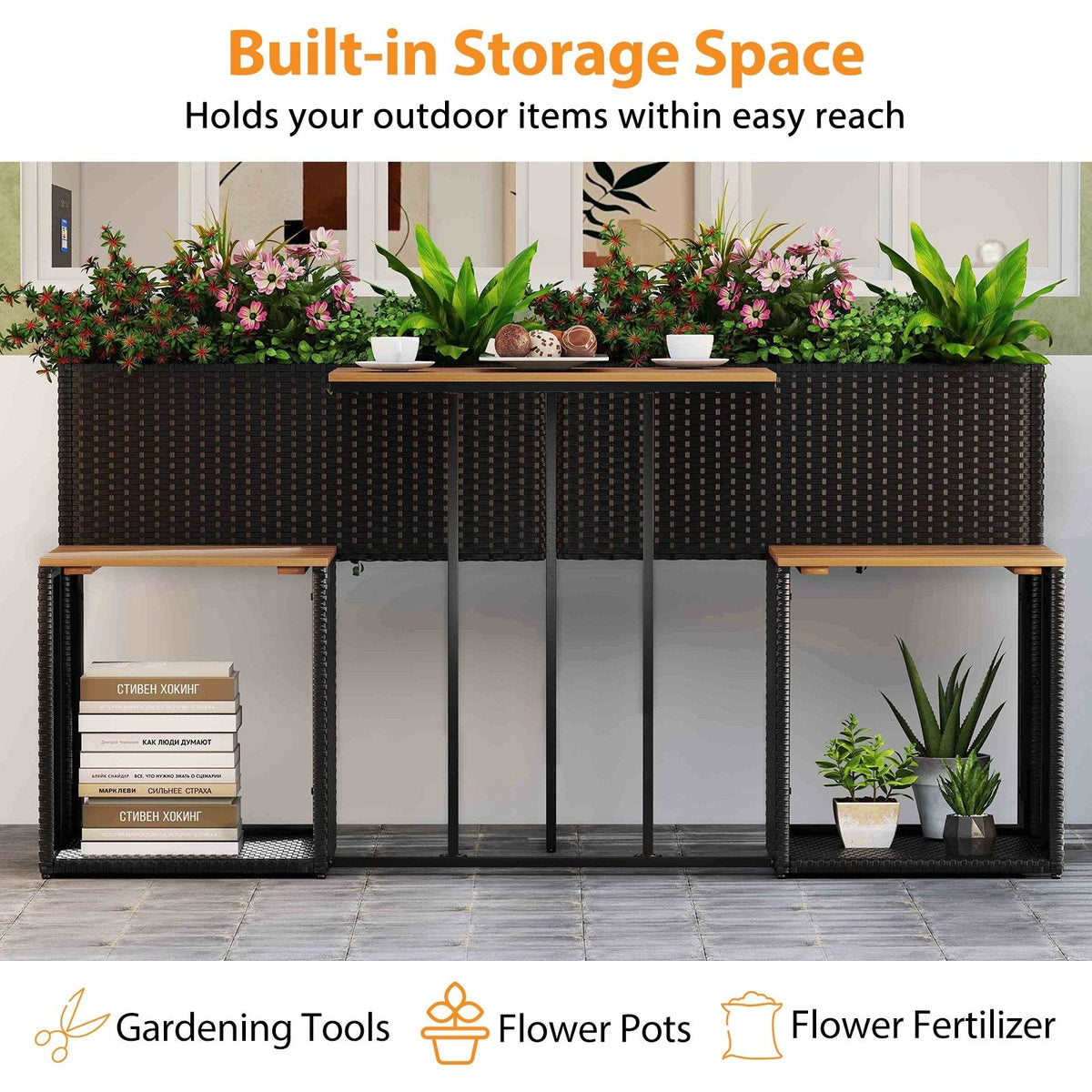 Patio Furniture Set with Raised Garden Bed, Acacia Topped Bar Table and 2 Stools with Built In Storage