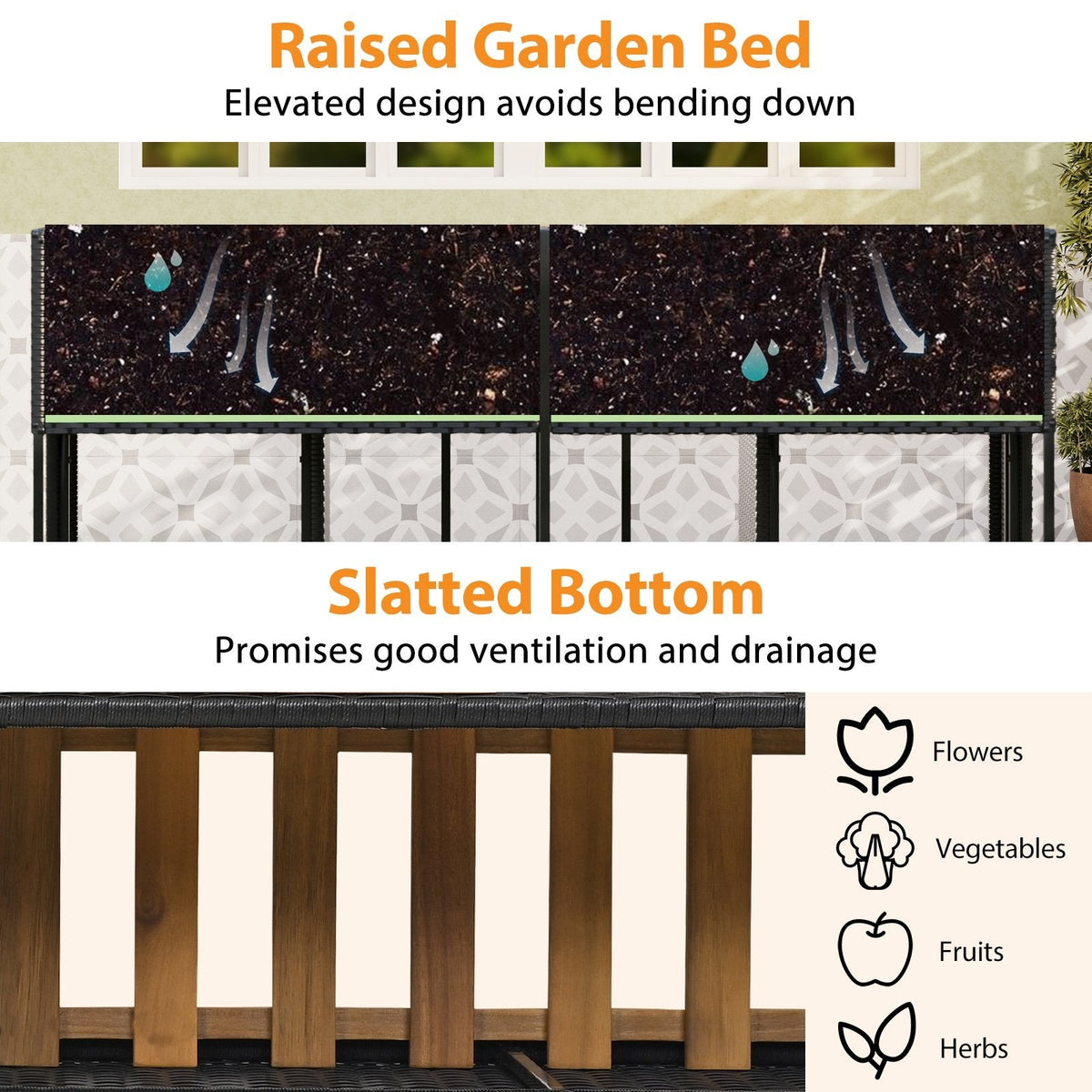 Patio Furniture Set with Raised Garden Bed, Acacia Topped Bar Table and 2 Stools with Built In Storage