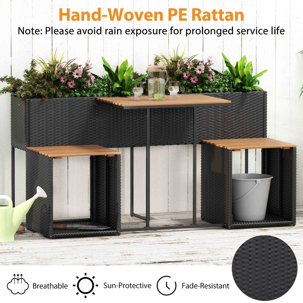 Patio Furniture Set with Raised Garden Bed, Acacia Topped Bar Table and 2 Stools with Built In Storage