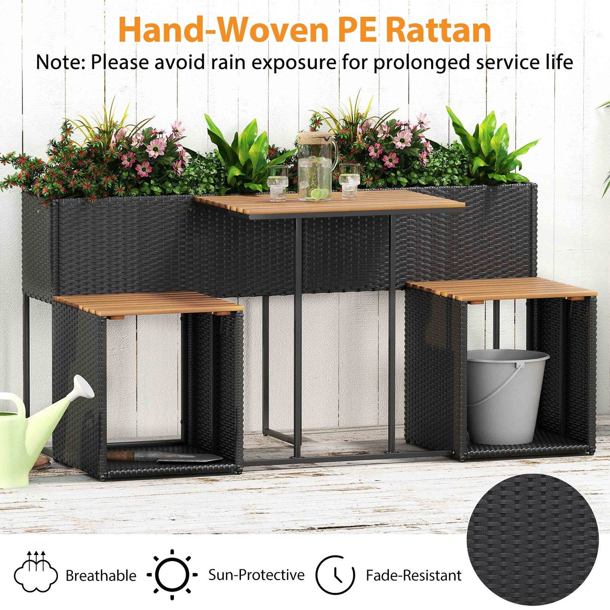 Patio Furniture Set with Raised Garden Bed, Acacia Topped Bar Table and 2 Stools with Built In Storage