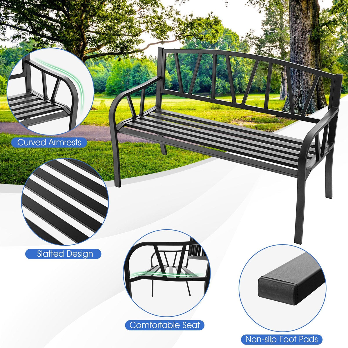Patio Garden Bench with Metal Frame and Slatted Seat-Black