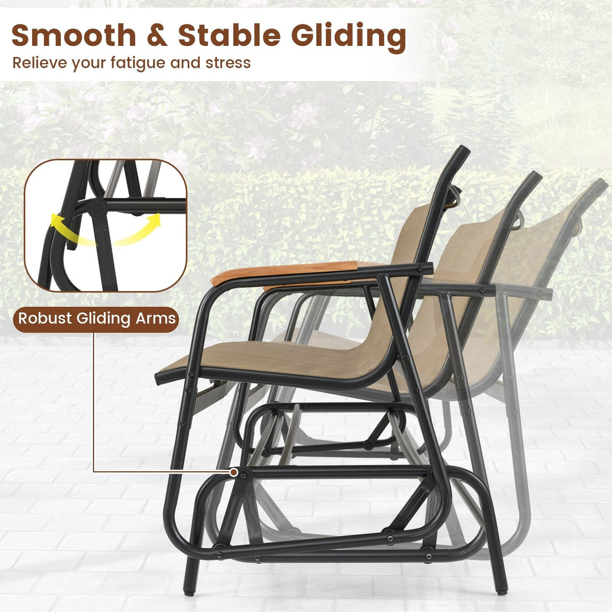 Patio Glider Bench with Curved Teak Armrests and Breathable Fabric Seat for 3 People-Brown