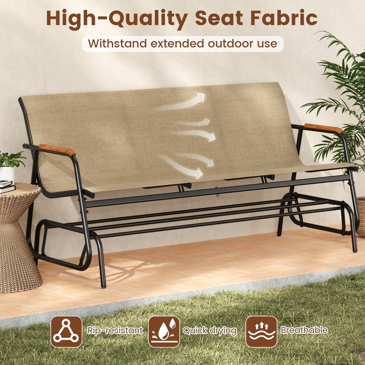 Patio Glider Bench with Curved Teak Armrests and Breathable Fabric Seat for 3 People-Brown