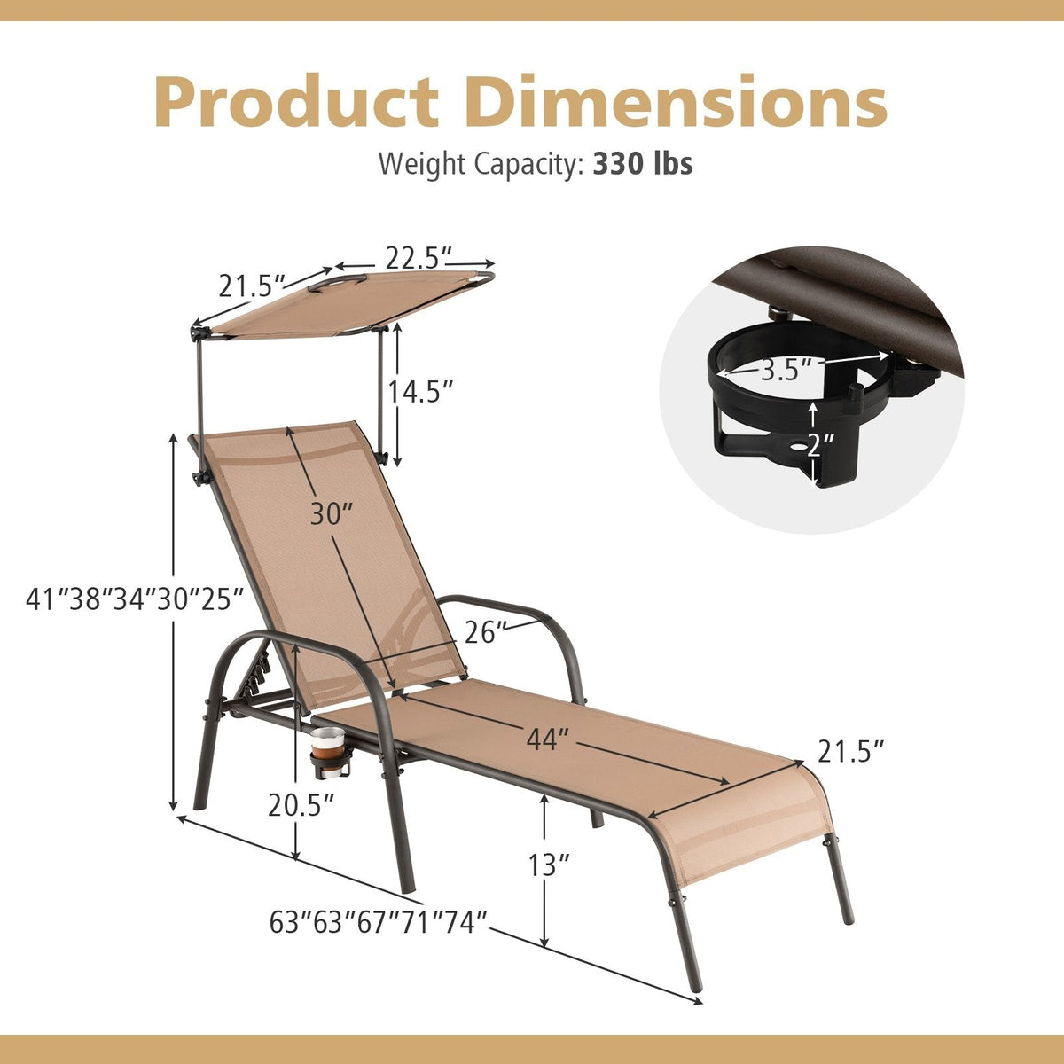 Chaise Lounge with Rotating Canopy, Hidden Cup Holder and 5 Level Backrest