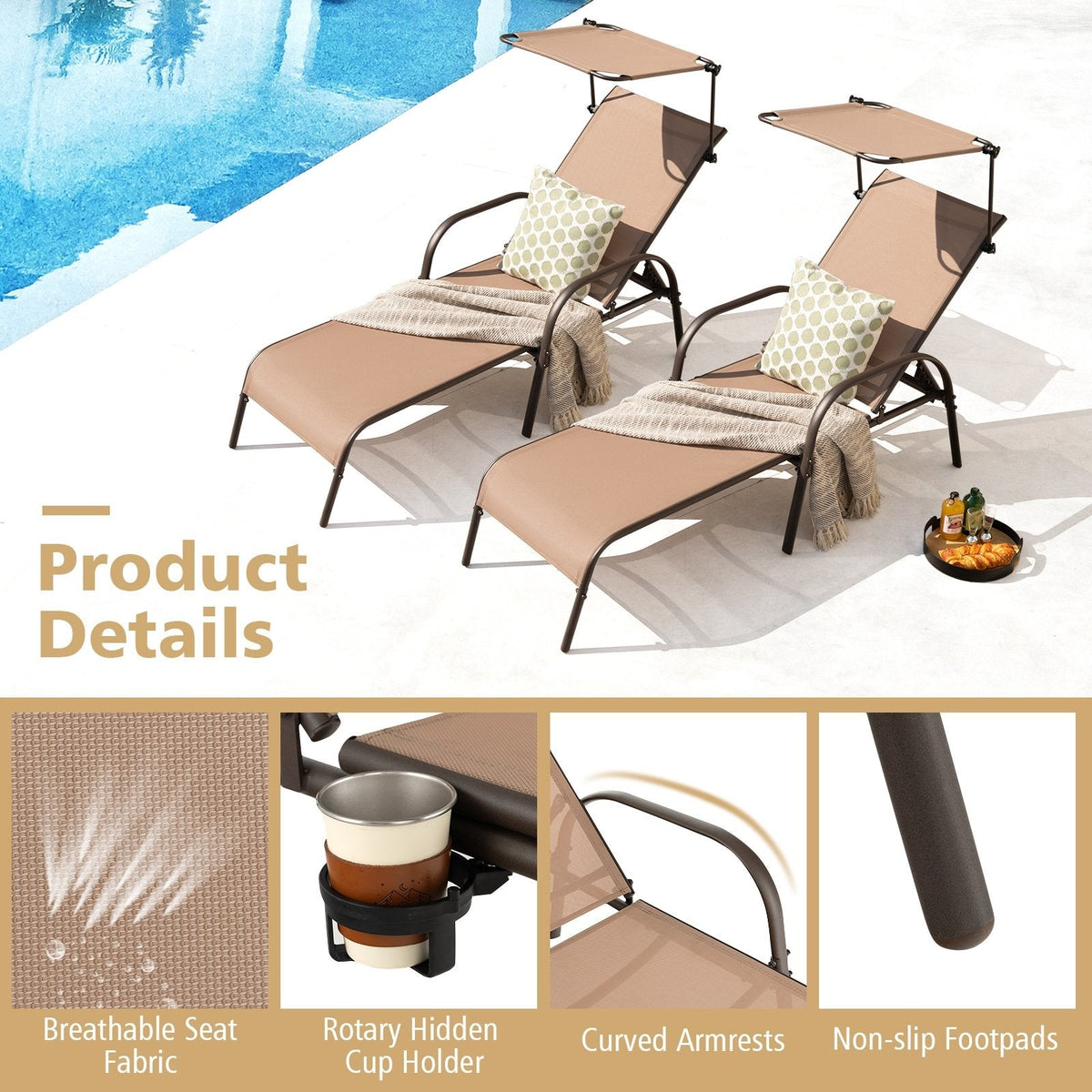 Chaise Lounge with Rotating Canopy, Hidden Cup Holder and 5 Level Backrest
