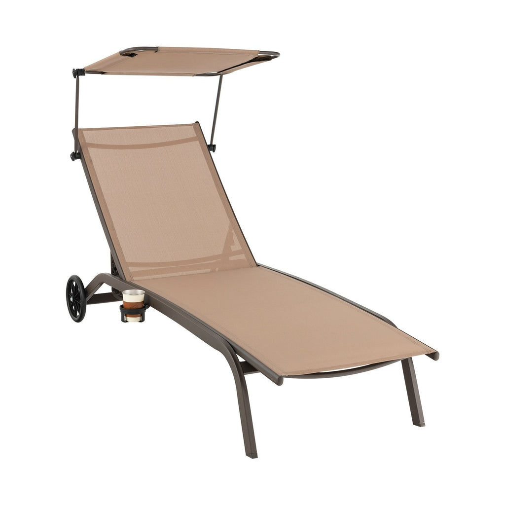 Chaise Lounge with Rotatable Canopy, Cup Holder and Wheels, 6 Positions