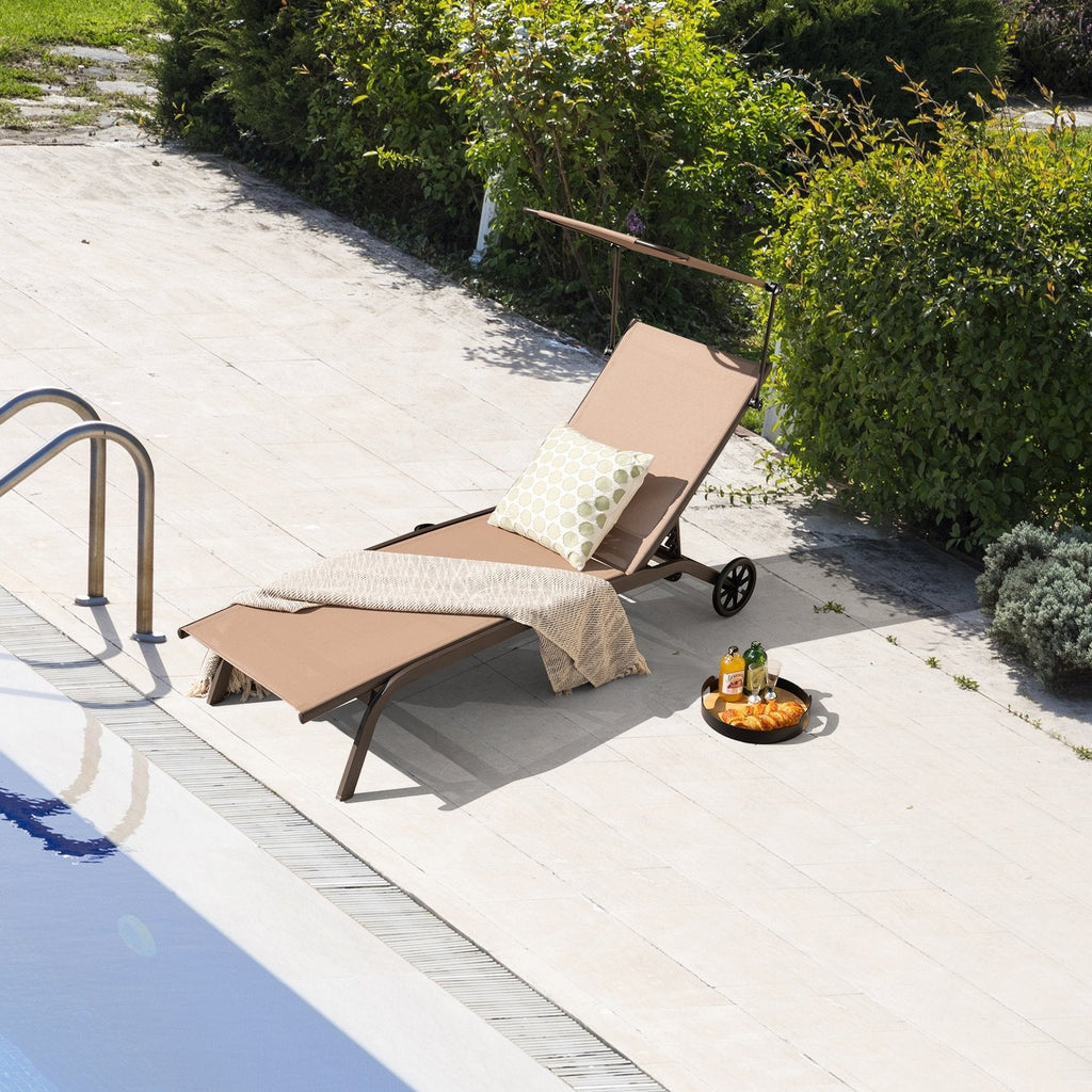Chaise Lounge with Rotatable Canopy, Cup Holder and Wheels, 6 Positions
