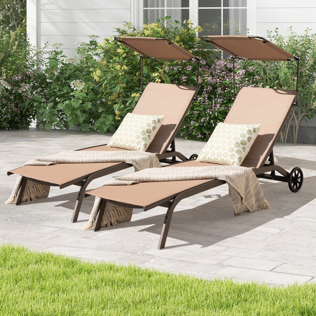 Chaise Lounge with Rotatable Canopy, Cup Holder and Wheels, 6 Positions