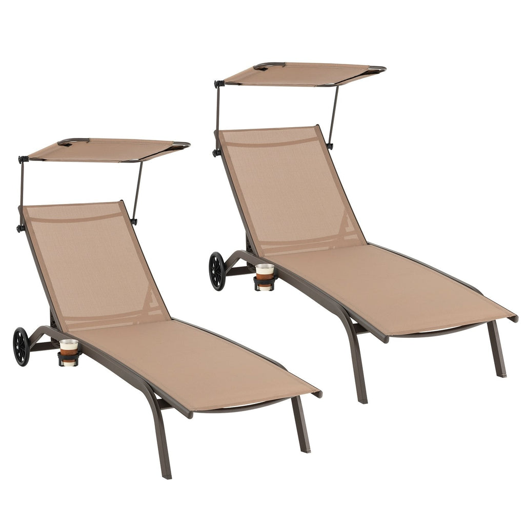 Chaise Lounge with Rotatable Canopy, Cup Holder and Wheels, 6 Positions