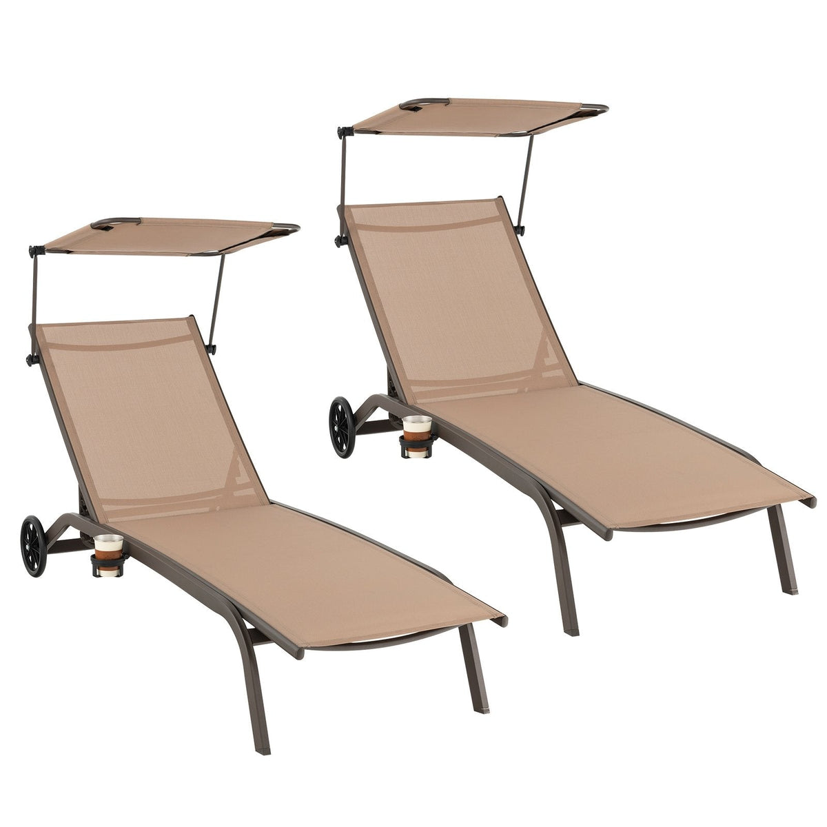 Chaise Lounge with Rotatable Canopy, Cup Holder and Wheels, 6 Positions