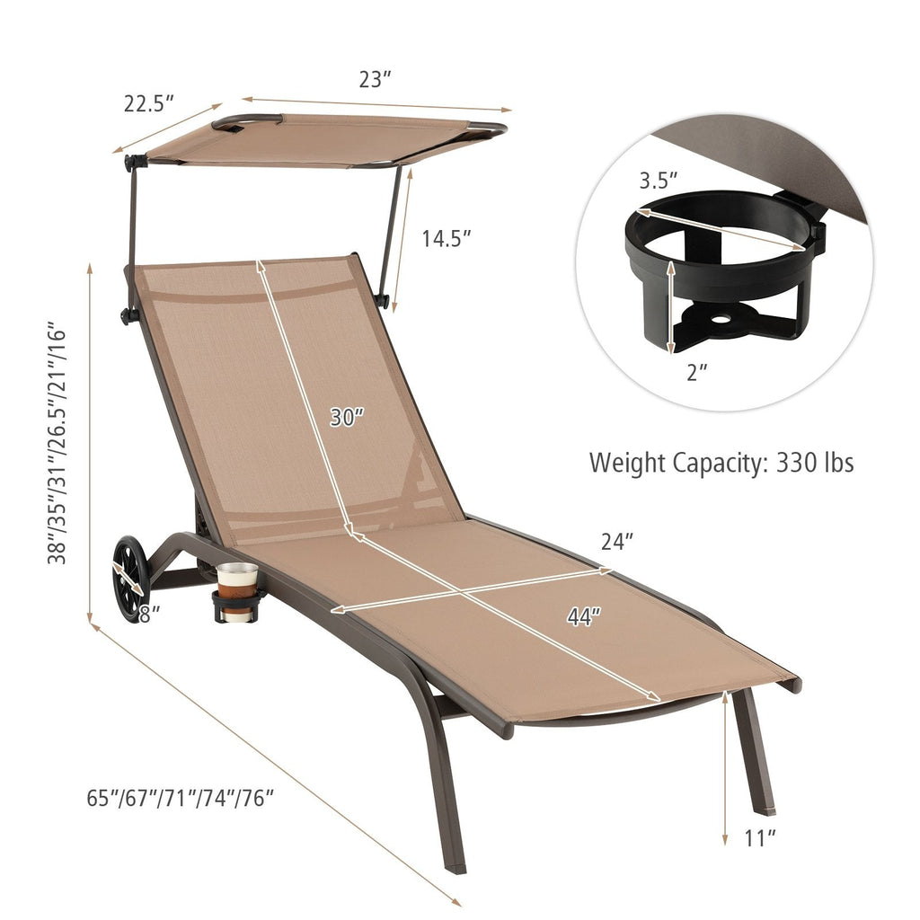Chaise Lounge with Rotatable Canopy, Cup Holder and Wheels, 6 Positions