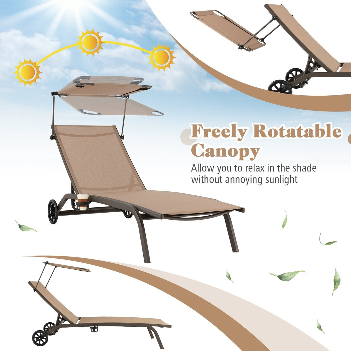 Chaise Lounge with Rotatable Canopy, Cup Holder and Wheels, 6 Positions