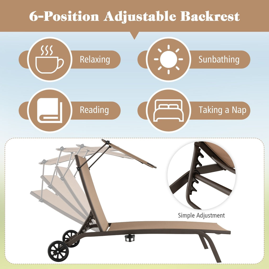 Chaise Lounge with Rotatable Canopy, Cup Holder and Wheels, 6 Positions