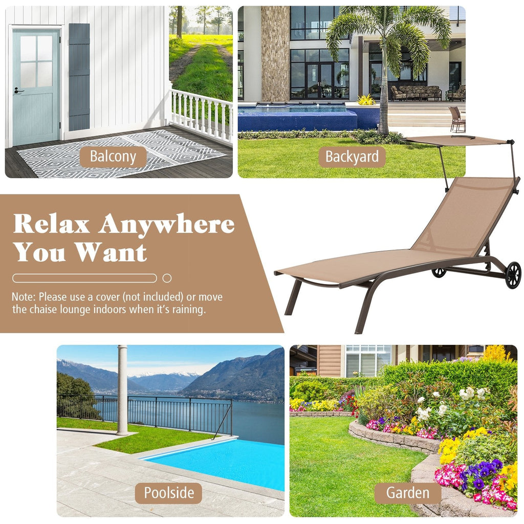 Chaise Lounge with Rotatable Canopy, Cup Holder and Wheels, 6 Positions
