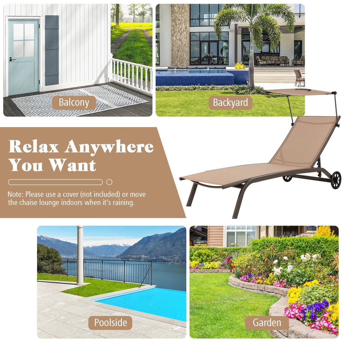 Chaise Lounge with Rotatable Canopy, Cup Holder and Wheels, 6 Positions