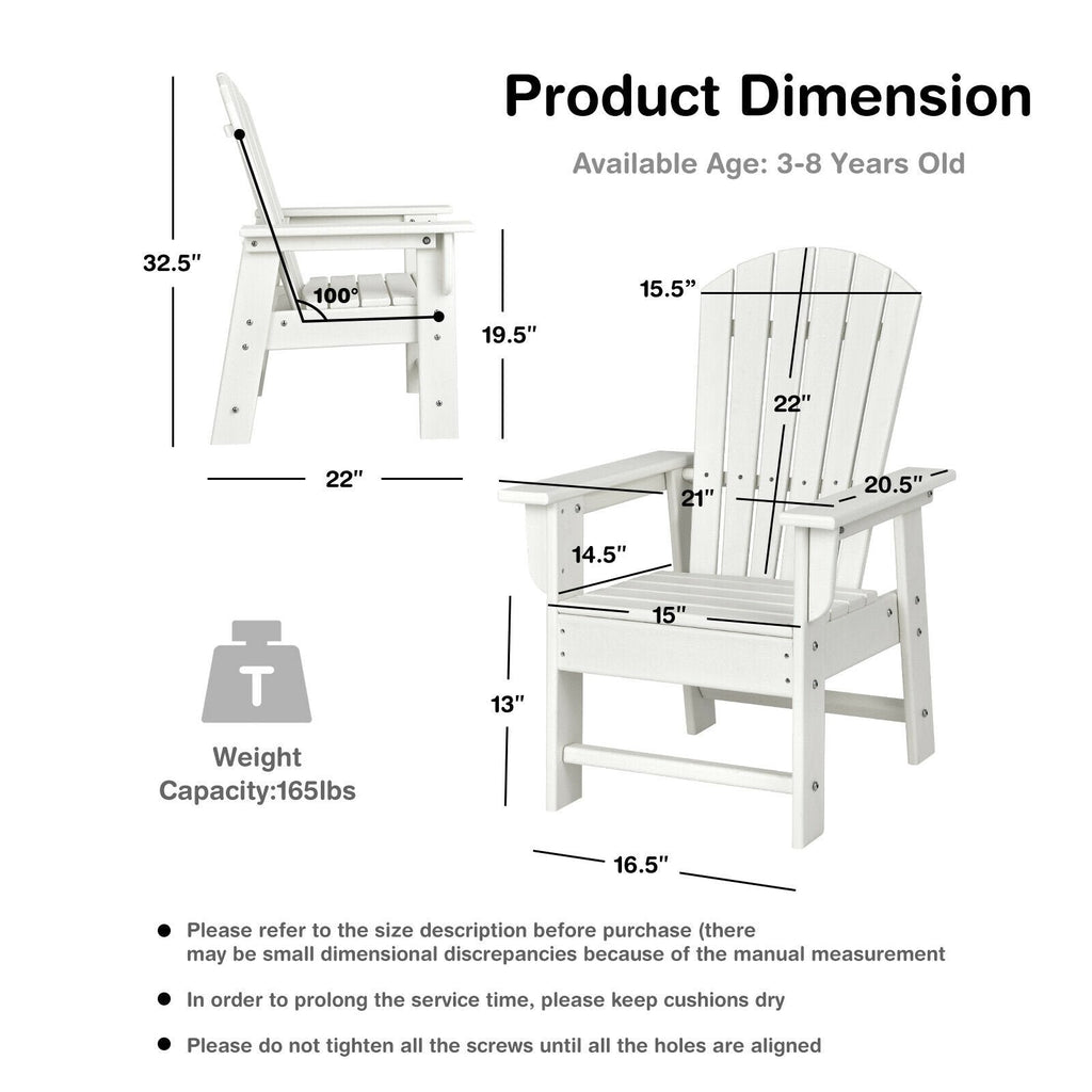Patio Kids' Adirondack Chair with Ergonomic Backrest-White
