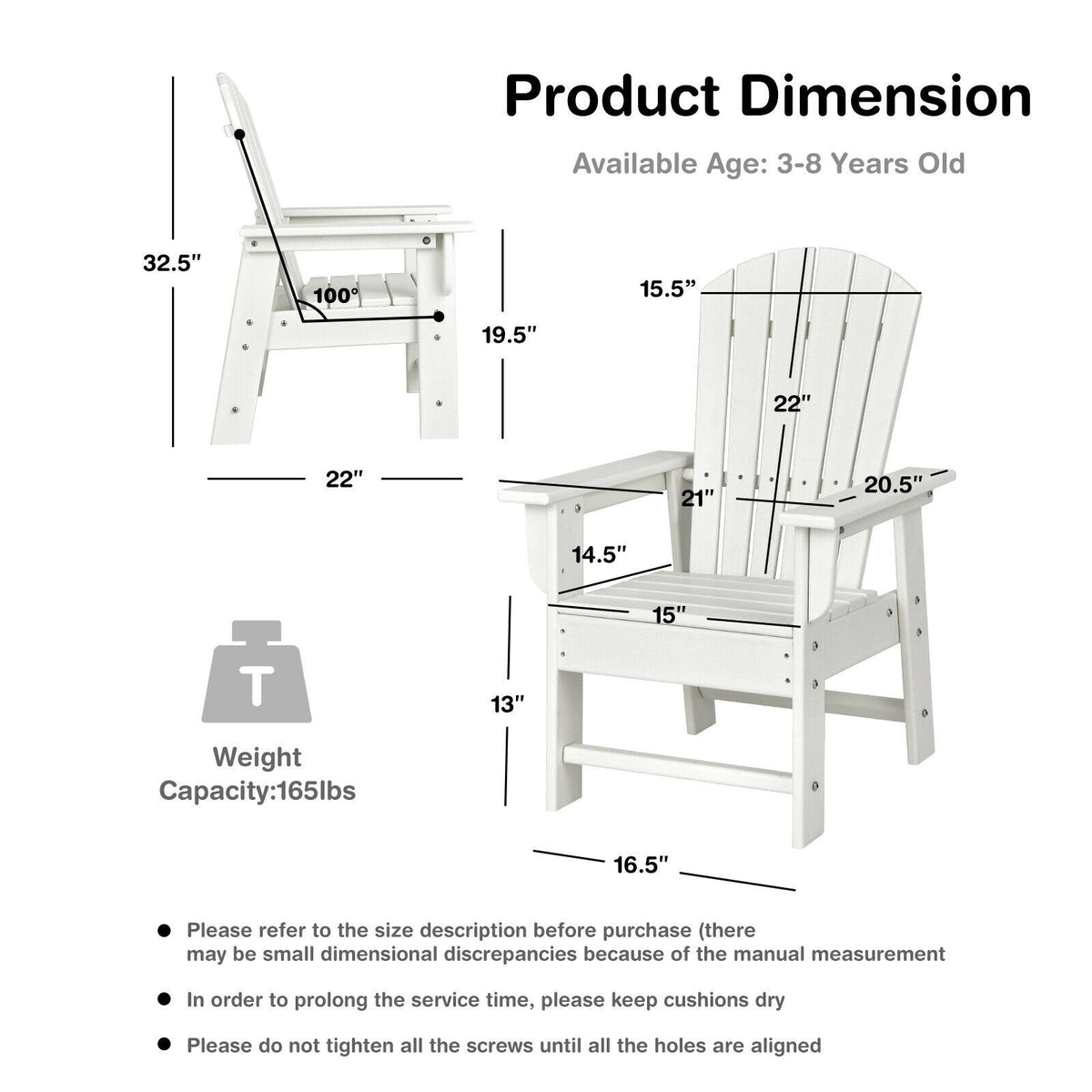 Patio Kids' Adirondack Chair with Ergonomic Backrest-White
