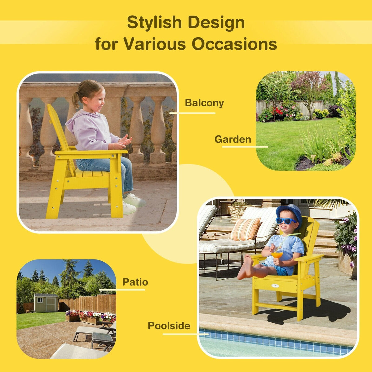 Patio Kids' Adirondack Chair with Ergonomic Backrest-Yellow