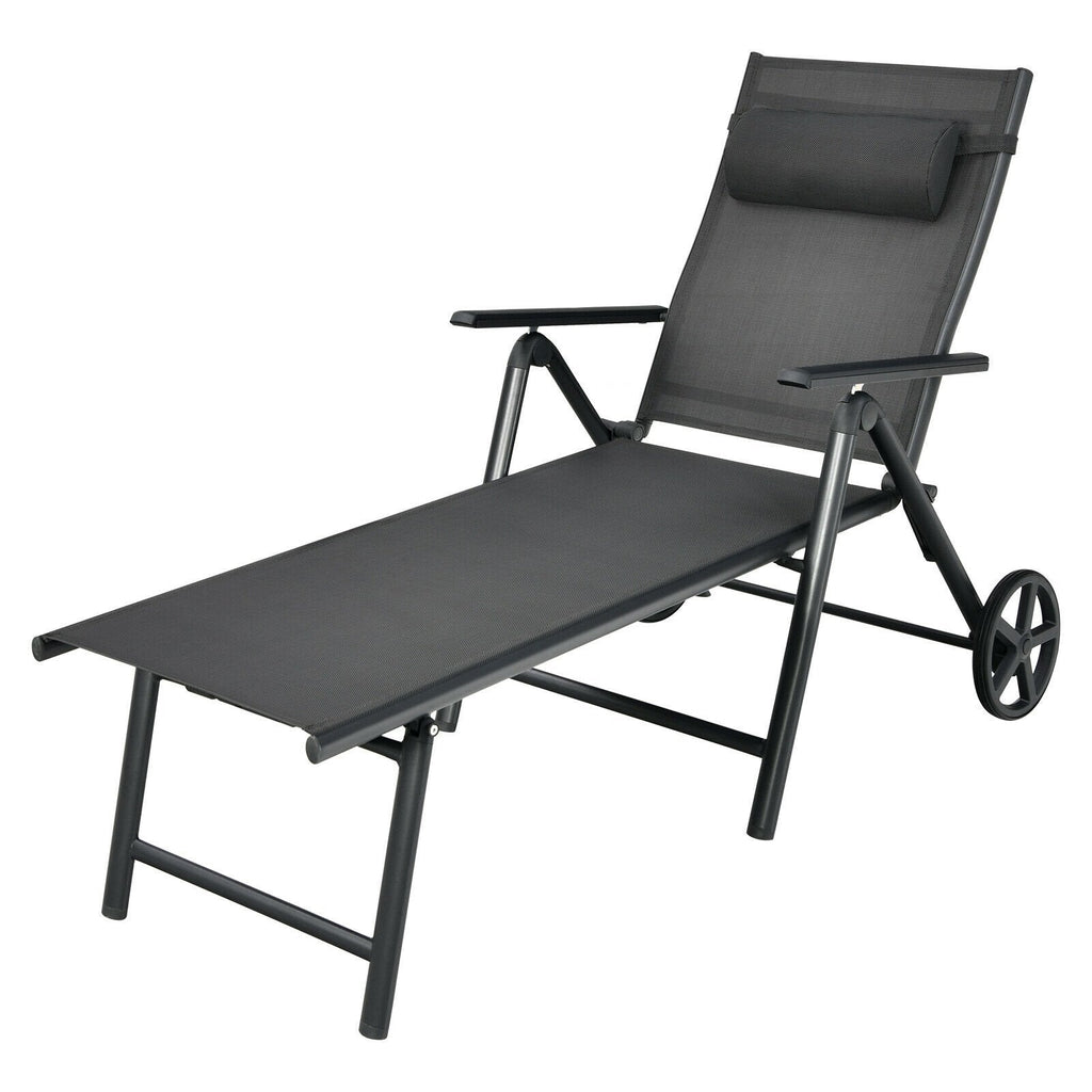 Folding Aluminium Lounge Chair with Wheels, Neck Pillow and 7 Positions